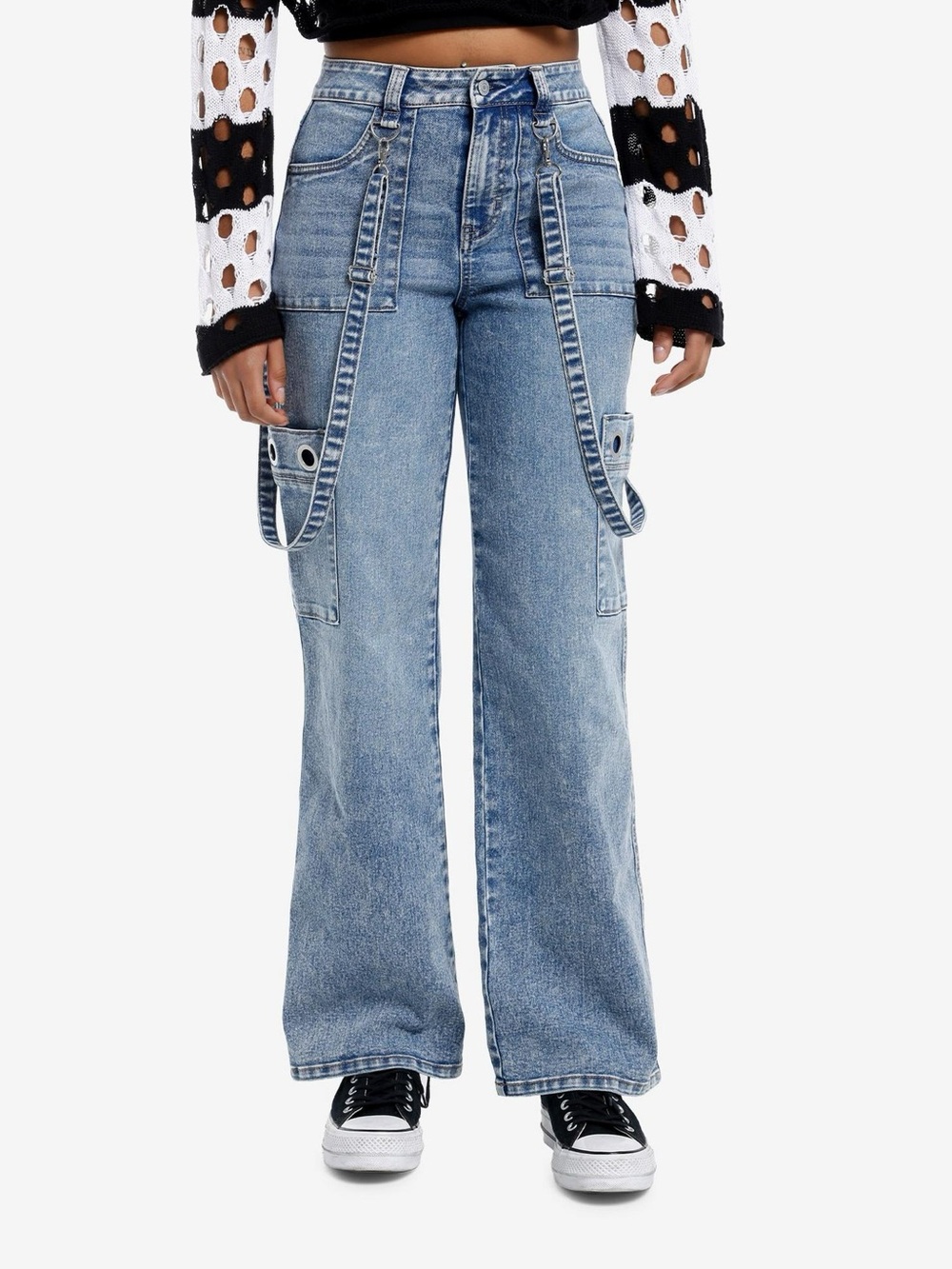 Vanilla Star Light Wash Suspender Grommet Cargo Denim Pants